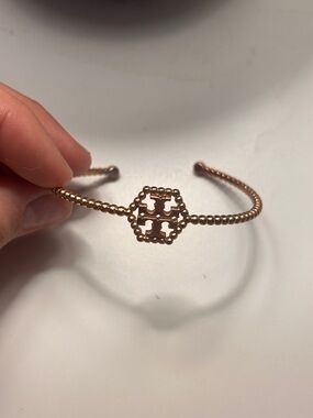 Tory Burch Rose Gold Beaded Logo Open Cuff Bracelet